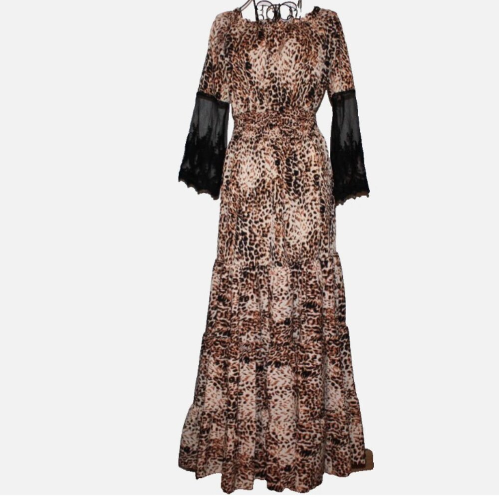 Msquared Leopard Print Maxi Dress Black Lace Sheer Bell Sleeves Boho Tiered Sz L